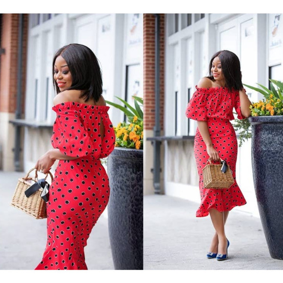 Saloni Midi Dress SILK Red White Black Polka Dot Grace Off Shoulder Ruffle XS 0 - Picture 3 of 12